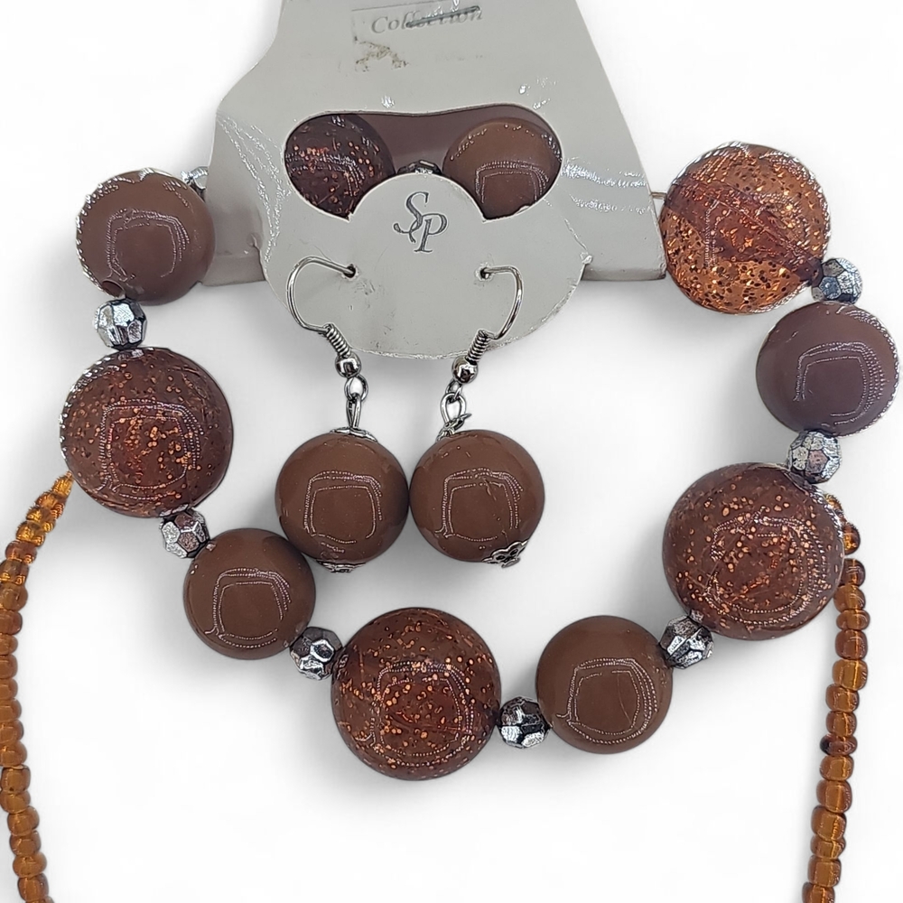 Brown and Silver Beaded Necklace and Earring Set
